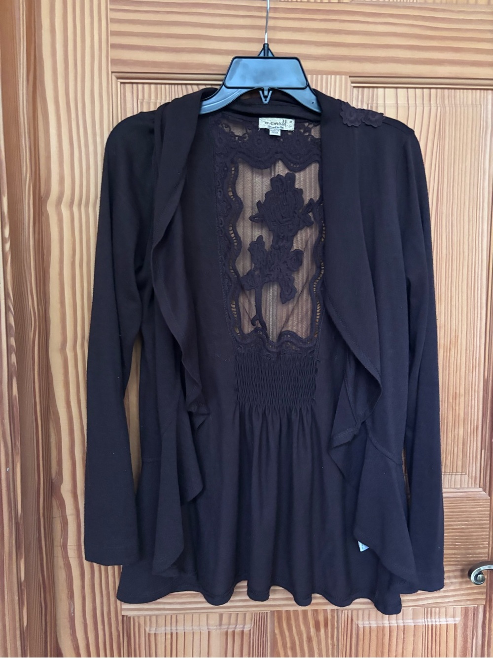 ONE WORLD Brown Lace-Front Draped Cardigan